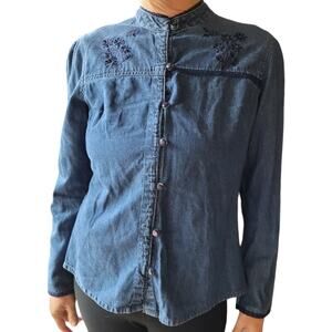 Chambray Embroidered Lace Blouse Boho Peasant Button Cotton Top Blue Dress Barn